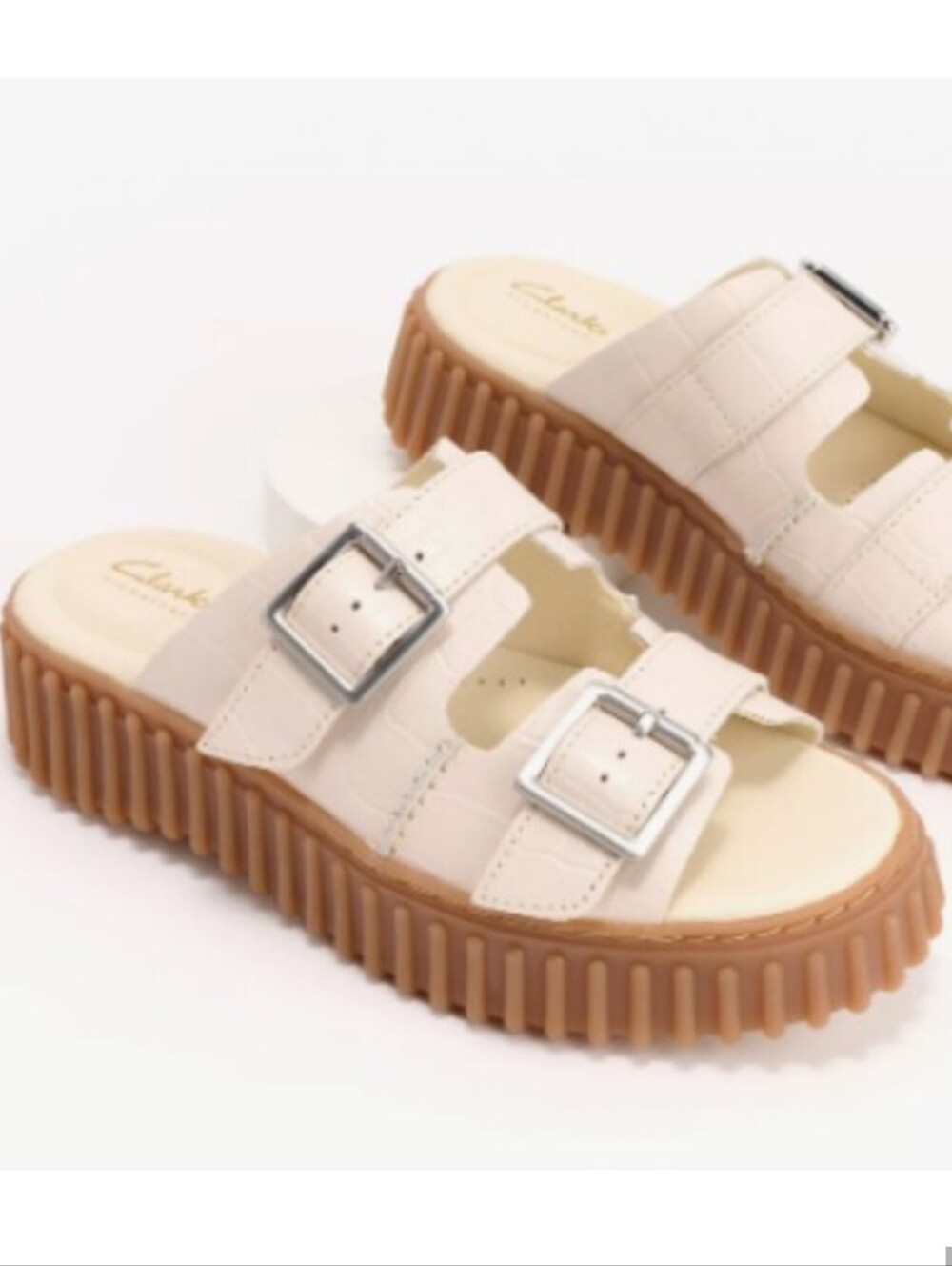 Clarks Cream Sandal with Brown Ribbed Sole - Picture 2 of 13